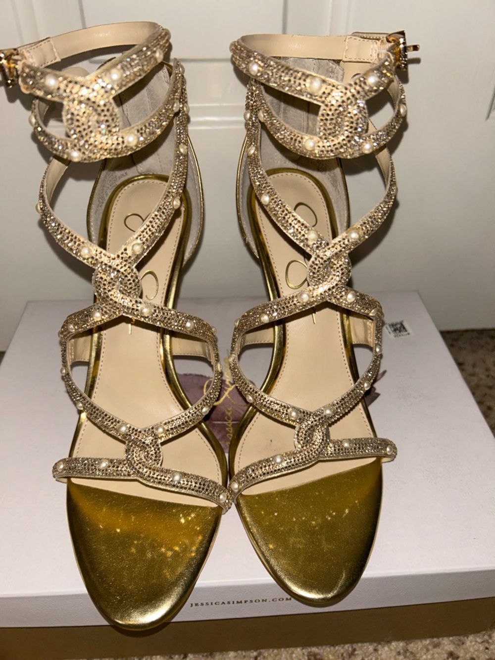 Jessica Simpson Gold Crystal & Pearl Strappy High Heel Sandals